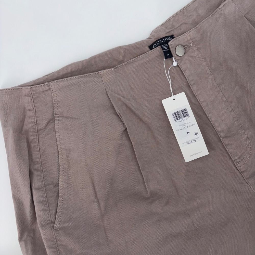 Eileen Fisher Tapered Ankle Pants Pleated Organic Cotton Brown
